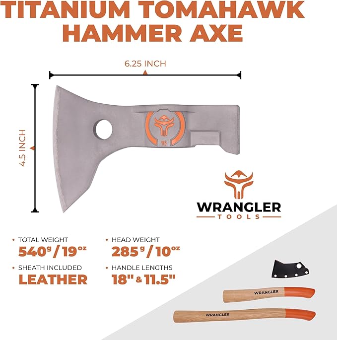 Titanium Camping Axe - 18" & 11.5" Wood Hickory Handles - Tomahawk Axe Hammer End - 2-Piece Slip-Fit Design - Includes Blade Sheath and 2 Handles - Survival Axe