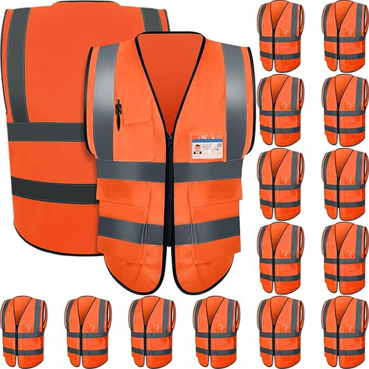 15 Pack Reflective Safety Vests with Pockets and Zipper Construction Work High Visibility Vest for Men Women(Medium,Orange Red)
