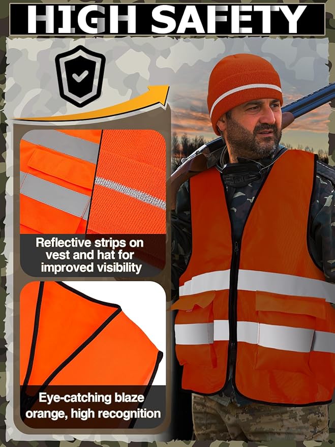 Apipi 2 Set Blaze Orange Hunting Vest and Beanie - High Visibility Safety Vest for Men, with Reflective Strips for Outdoor