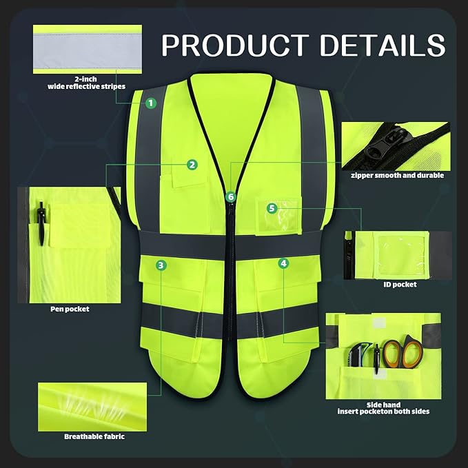 15 Pack Reflective Safety Vests with Pockets and Zipper Construction Work High Visibility Vest for Men Women(Large,Fluorescent Green)