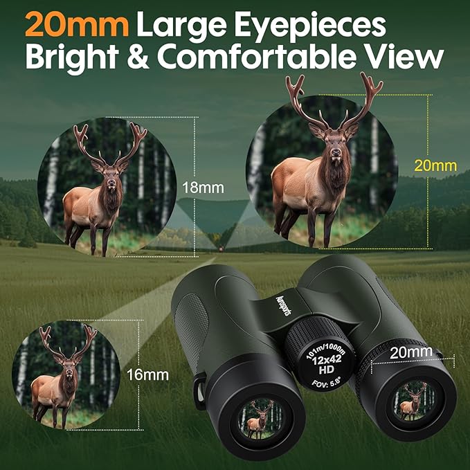 12x42 UHD Binoculars for Adults High Powered: Waterproof for Bird Watching - Large View, Lightweight, Fogproof Binoculars for Hunting Hiking Bird Watching Travel Cruise Green
