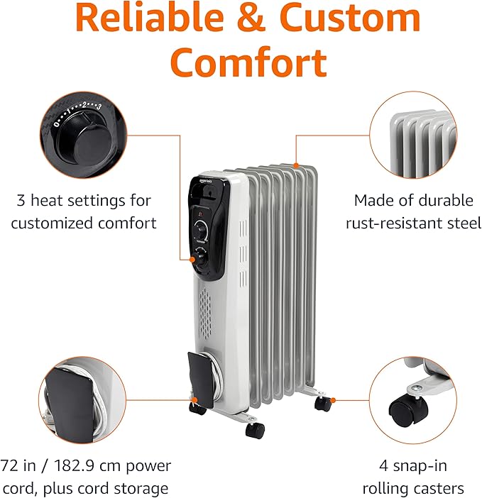 Amazon Basics Portable Oil Radiator Heater for Indoor Use, 3 Heat Settings, Over-Heat Protection, ETL-certified Safety, 7 Oil-Filled Steel Fins, 1500W, 11"D x 14.8"W x 25.2"H, White