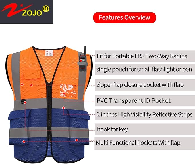 zojo High Visibility Safety Vests With Pockets, Pack of 10,Wholesale Reflective Vest for Outdoor Works, Cycling, Jogging, Walking,Sports - Fits for Men and Women(XL- Mesh-Mix Orange & Blue)