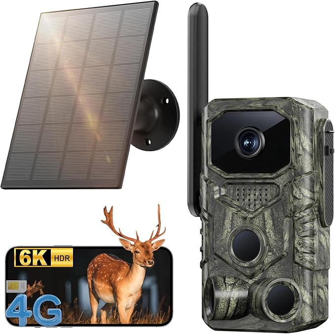 4G LTE Cellular Trail Camera, 6K GPS Solar Battery Powered Game Camera 0.1s Trigger Motion Activated, IP67 Waterproof Trail Cam, Night Vision Wildlife Monitor Cameras, Built-in SIM Card,120 Wide Angle