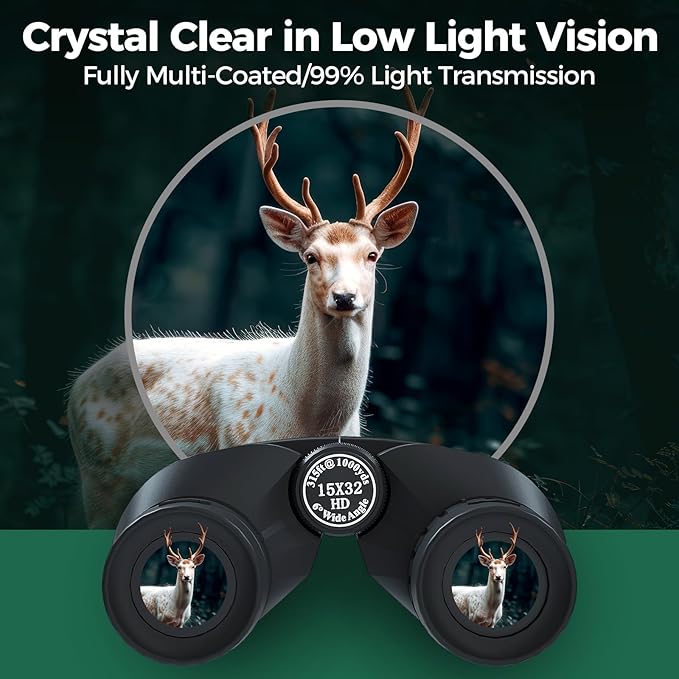 15x32 Compact Binoculars for Adults and Kids, High Power Lightweight Small Binoculars with Phone Adapter for Concert Cruise Ship Hiking Bird Watching Travel Safari Viewing Football Sports