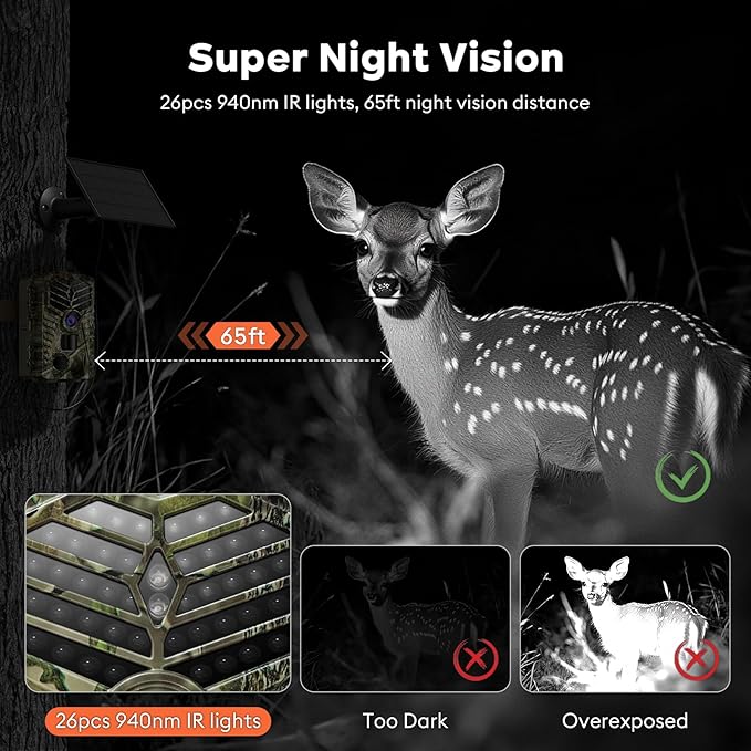 Solareye Trail Camera WiFi - Solar Powered 4K 64MP Game Cameras with Night Vision Motion Activated Waterproof with 32GB Micro SD Card, IP66 120° Detection Angle 0.2s Trigger 940nm No Glow LED Wildlife