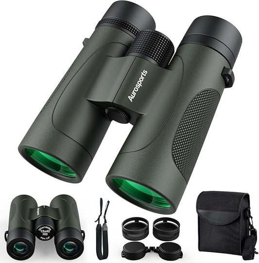 12x42 UHD Binoculars for Adults High Powered: Waterproof for Bird Watching - Large View, Lightweight, Fogproof Binoculars for Hunting Hiking Bird Watching Travel Cruise Green