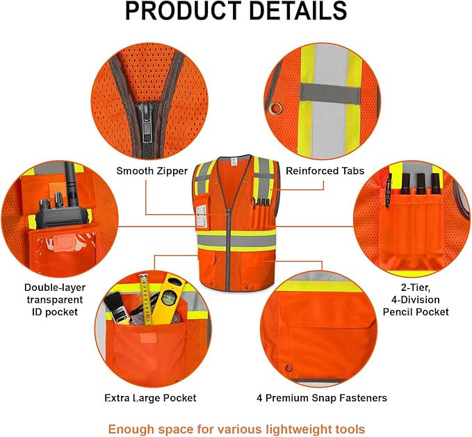 9 Pockets Class 2 High Visibility Reflective Safety Vest for Men, Mesh Hi Vis Construction Work Vest