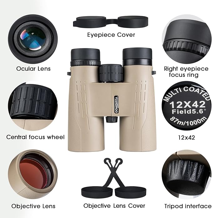 12x42 HD Binoculars for Adults High Powered Binoculars with Upgraded Phone Adapter Waterproof Compact Binocular with Low Light Night Vision for Bird Watching Hunting Outdoor Sports Concerts Green