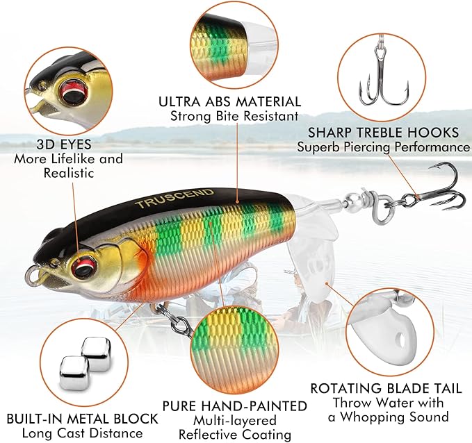 TRUSCEND PoPobait with BKK Hooks, Top Water Plopper Fishing Lures for Bass Walleye Pike Catfish Musky Perch, Floating Lure for Freshwater or Saltwater, Amazing Teasers Fishing Gifts for Family Fishing