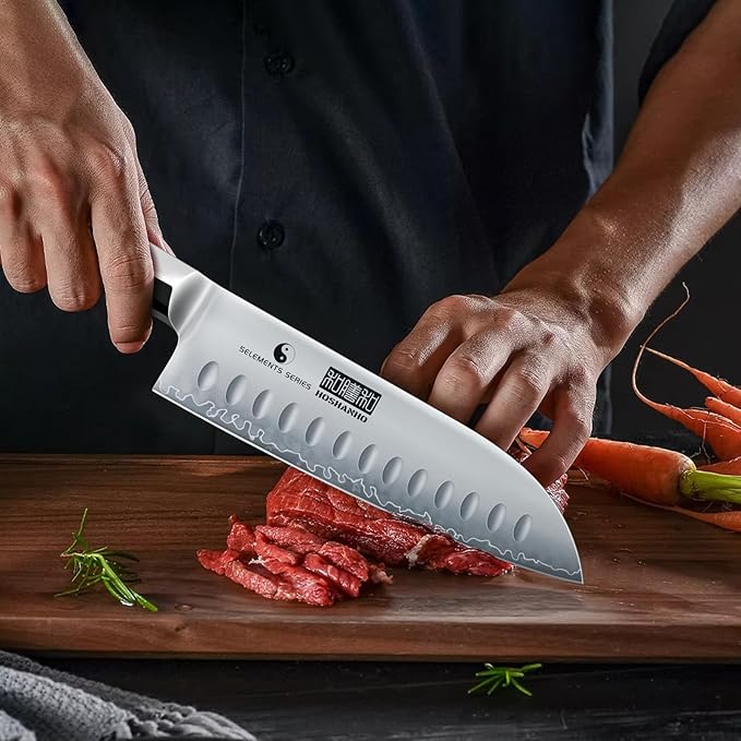 7 Inch Santoku Knife，Professional Japanese High Carbon Steel Chef Knife, Razor Sharp Kitchen Knife with Ergonomic Red Sandal Wooden Handle - Gift Box