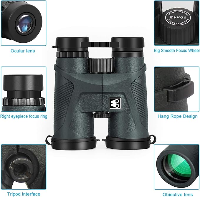 10x42 Binoculars for Adults with Smartphone Adapter, BAK4 Prism and FMC Lens, HD Professional Binoculars for Bird Watching Travel Hunting Wildlife Watching Outdoor Concerts Sports