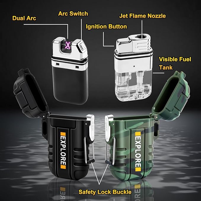 LcFun 2 Pack Outdoor Lighter Waterproof, Windproof Electric USB Rechargeable Dual Arc Plasma Lighter, Refillable Butane Torch Lighters, Survival Tactical Gear Gadgets for Men for Camping, Hiking