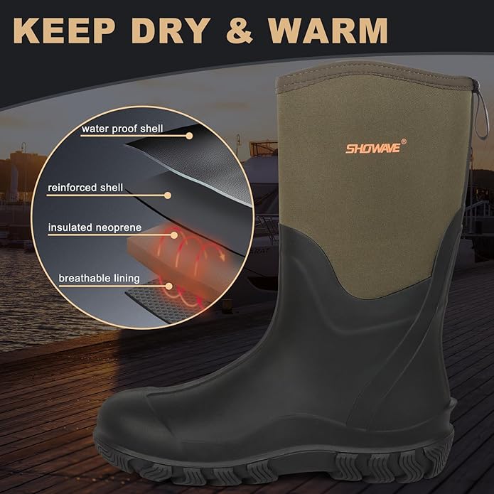 Showave Classic Men's Rubber Boots Waterproof Rain Boots Insulated Neoprene Boot Mud Boot for Farming Hunting Gardening Yard Chore Working