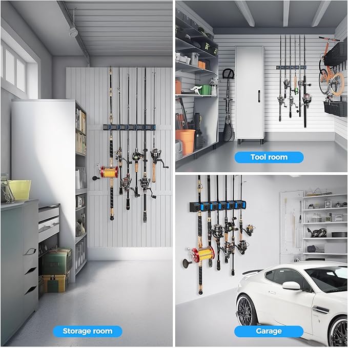 PLUSINNO Fishing Rod Holders - V6 Vertical Support for Extra Large & Heavy Fishing Rod Combos, Garage & Wall Mounted Rack Storage