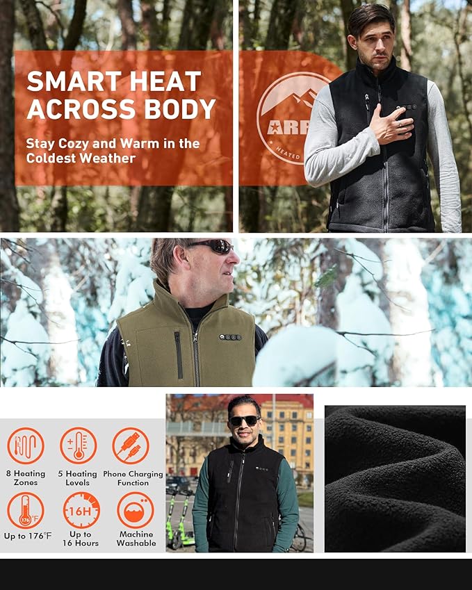 ARRIS Fleece Heated Vest for Men with Battery Pack Included, Size Adjustable 8 Heating Zones for Hunting