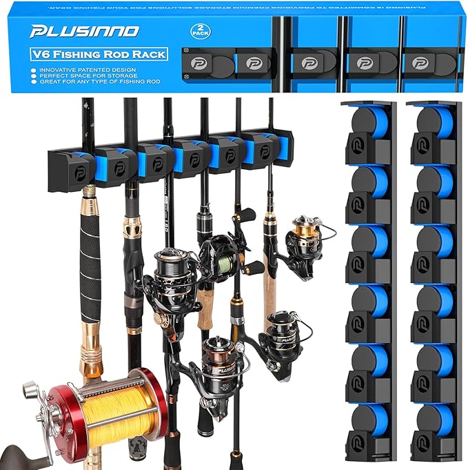 PLUSINNO Fishing Gifts for Men - V6 Vertical Fishing Rod/Pole Holders, Support Extra Large & Heavy Fishing Rod Combos, Fishing Rod Holders for Garage, Wall Mounted Fishing Rod Rack Storage