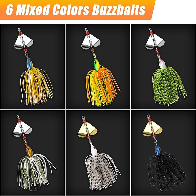 Spinnerbait Fishing Lures Kit Set, 6pcs Bass Fishing Buzzbait Multicolor Bass Trout Salmon Metal Spinner Baits Swim Jigs Freshwater Saltwater Fishing