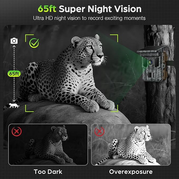 WiFi Trail Camera Solar, 4K 64MP Game Cam with Night Vision Motion Activated Waterproof IP66, 0.2s Trigger Trail Cam with 850nm Low Glow Infrared LEDs, Wildlife Camera with 32GB SD Card