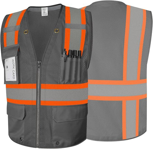 9 Pockets Class 2 High Visibility Reflective Safety Vest for Men, Mesh Hi Vis Construction Work Vest