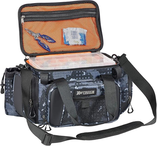 X Strike Fishing Bag - Waterproof Storage with 4 3600 Tackle Box, Saltwater & Freshwater Shoulder Bag for Camping, Hunting, Hiking, Travel