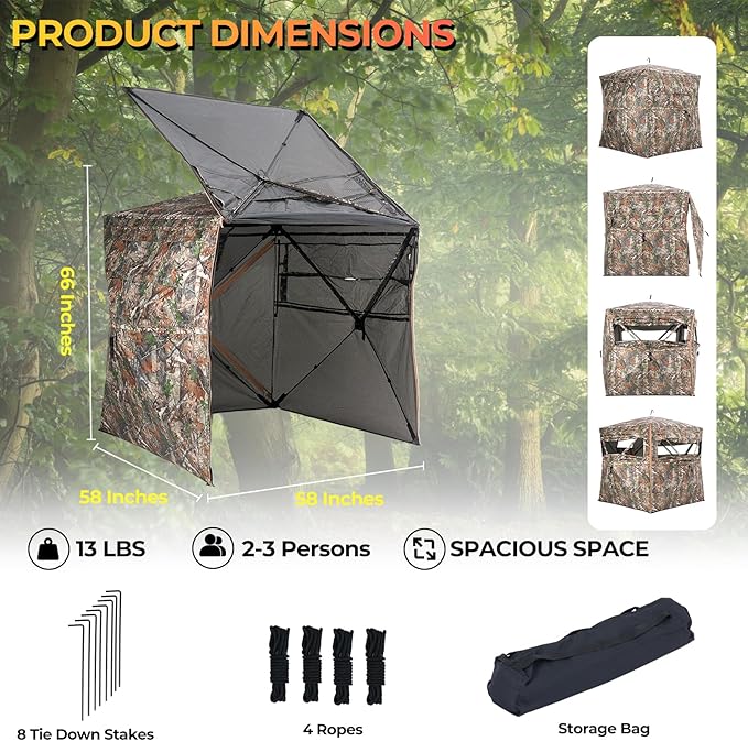 360 See-Through Hunting Blind, 2-3 Person, Light Woodland Camouflage, 4 Season, Hunting Tent