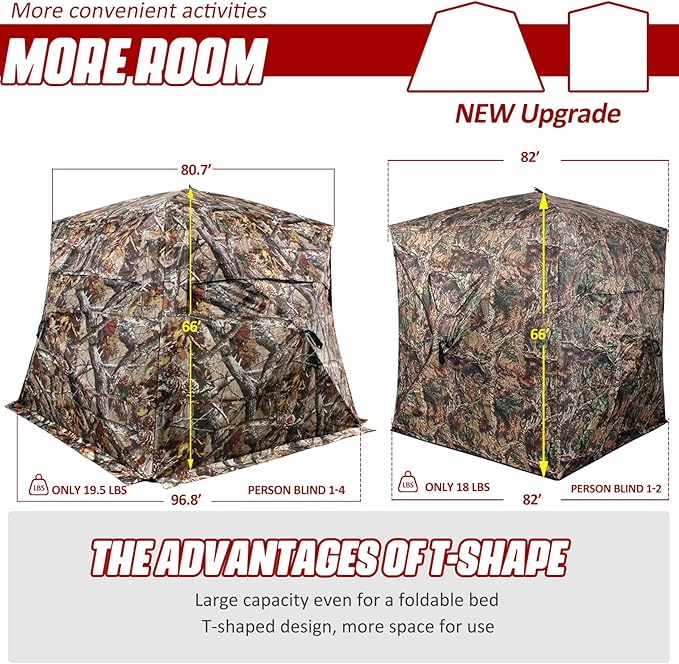 Wide Bottom Hunting Blind 3/4 Person with Portable Chair, 360 Degree See Through Pop up Ground Blinds for Deer Turkey Duck Hunting, Bow Hunting Adjust Windows with Silent Zipper
