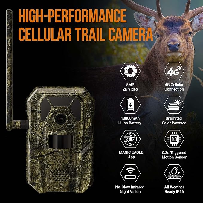 4G Cellular Trail Camera 2K Audible Video 0.3s Trigger 940nm No Glow IR Night Vision Hunting Essentials IP66 Instant Use with 32 GB Memory 13,000 mAh Battery Solar Panel Anti-Theft Tech