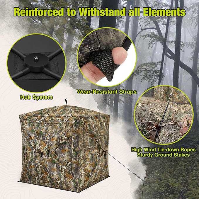TIDEWE See Through Blind 270°with Silent Magnetic Door & Sliding Windows, 2-3 Person Pop Up Ground Blind with Carrying Bag, 300D Portable Resilient Tent(Camouflage & Veil Rush)