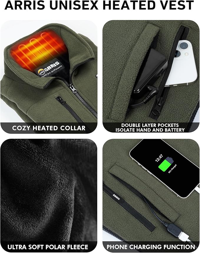 ARRIS Fleece Heated Vest for Women with 7.4V Battery Pack, Size Adjustable 8 Heating Zones Heating Clothing for Hunting