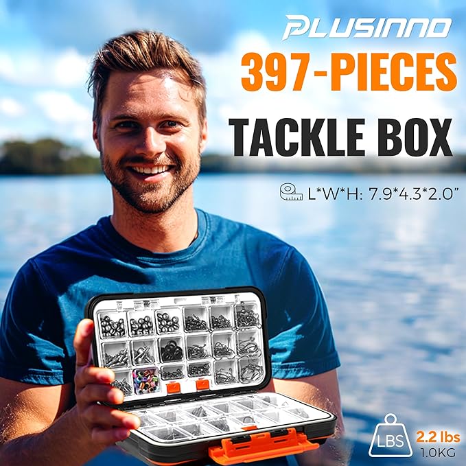 PLUSINNO 264/397pcs Fishing Accessories Kit, Organized Fishing Tackle Box with Tackle Included, Fishing Hooks, Fishing Weights Sinkers, Swivels, Beads, Fishing Gear Set Equipment for Bass Trout