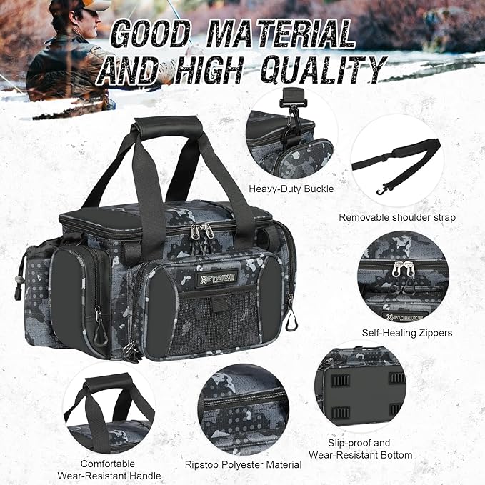 X Strike Fishing Bag - Waterproof Storage with 4 3600 Tackle Box, Saltwater & Freshwater Shoulder Bag for Camping, Hunting, Hiking, Travel