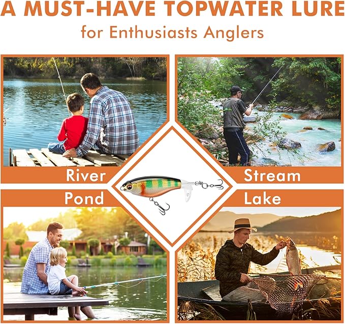 TRUSCEND PoPobait with BKK Hooks, Top Water Plopper Fishing Lures for Bass Walleye Pike Catfish Musky Perch, Floating Lure for Freshwater or Saltwater, Amazing Teasers Fishing Gifts for Family Fishing