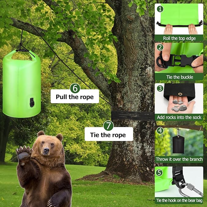 Bear Bag Hanging System - 15L Heavy Duty Waterproof Bear Proof Food Storage Kit with Rock Sack 2 Ropes 2 Safety Clips 1 Straps for Hiking, Camping & Backpackin