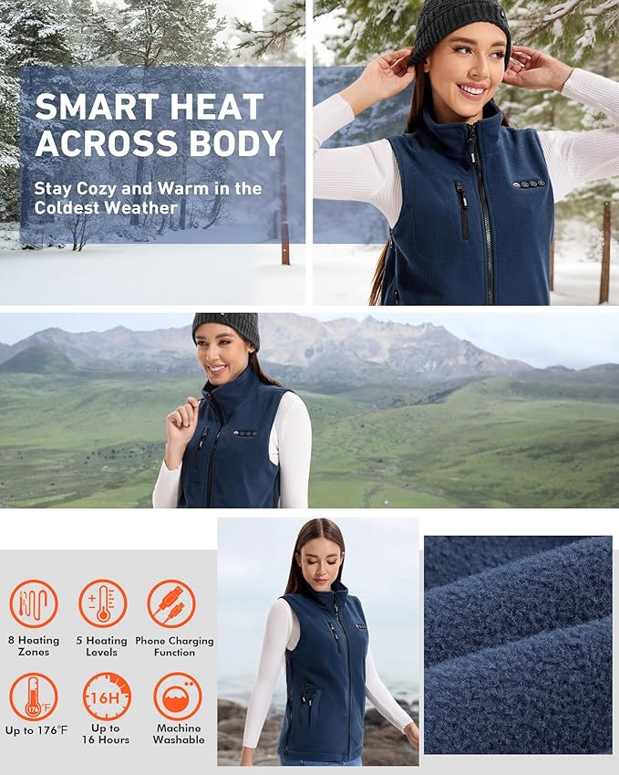 ARRIS Fleece Heated Vest for Women with 7.4V Battery Pack, Size Adjustable 8 Heating Zones Heating Clothing for Hunting