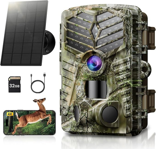 Solareye Trail Camera WiFi - Solar Powered 4K 64MP Game Cameras with Night Vision Motion Activated Waterproof with 32GB Micro SD Card, IP66 120° Detection Angle 0.2s Trigger 940nm No Glow LED Wildlife