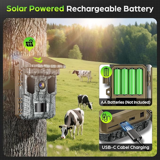WiFi Trail Camera Solar, 4K 64MP Game Cam with Night Vision Motion Activated Waterproof IP66, 0.2s Trigger Trail Cam with 850nm Low Glow Infrared LEDs, Wildlife Camera with 32GB SD Card