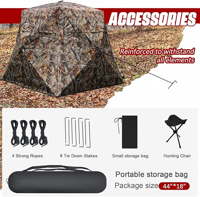 Wide Bottom Hunting Blind 3/4 Person with Portable Chair, 360 Degree See Through Pop up Ground Blinds for Deer Turkey Duck Hunting, Bow Hunting Adjust Windows with Silent Zipper