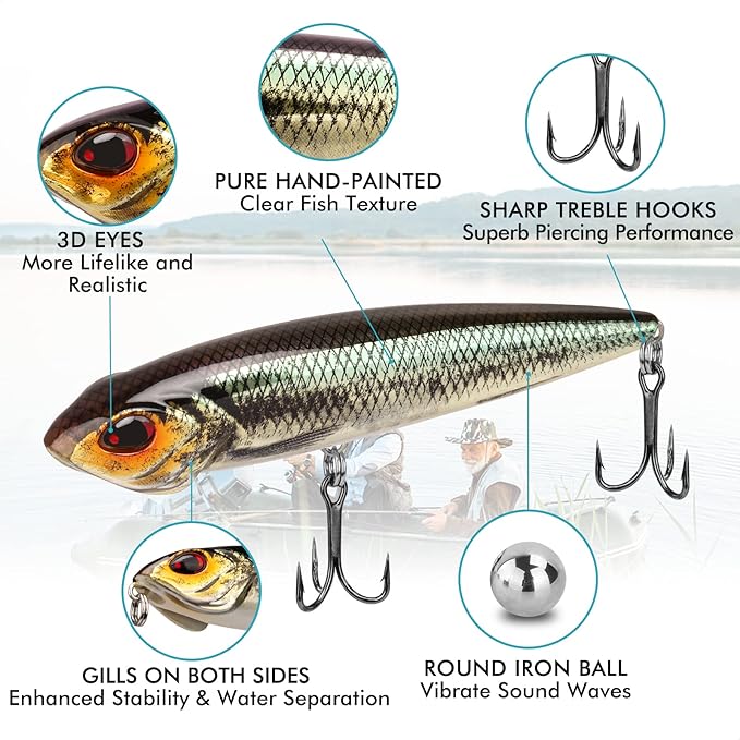 TRUSCEND PoPobait with BKK Hooks, Top Water Plopper Fishing Lures for Bass Walleye Pike Catfish Musky Perch, Floating Lure for Freshwater or Saltwater, Amazing Teasers Fishing Gifts for Family Fishing