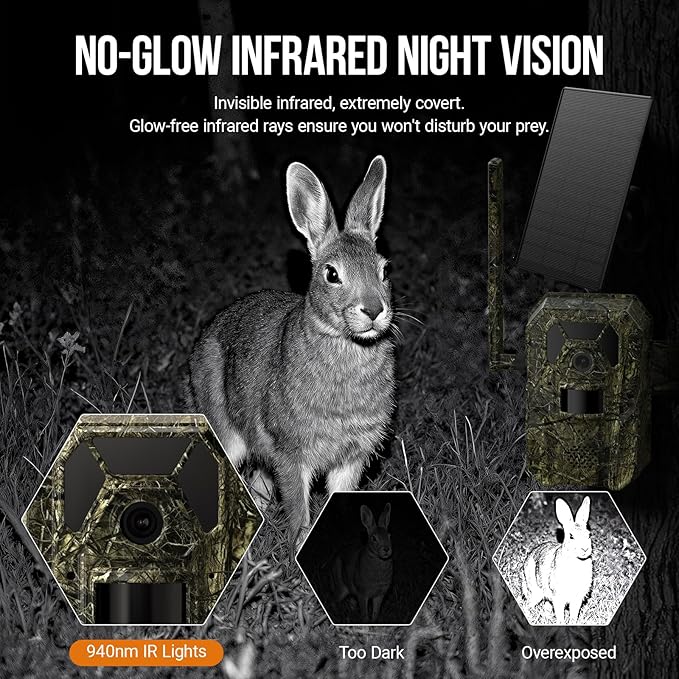 4G Cellular Trail Camera 2K Audible Video 0.3s Trigger 940nm No Glow IR Night Vision Hunting Essentials IP66 Instant Use with 32 GB Memory 13,000 mAh Battery Solar Panel Anti-Theft Tech