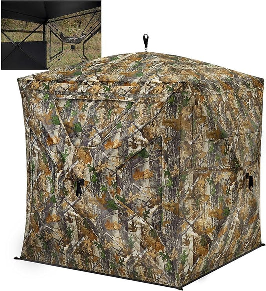 TIDEWE See Through Blind 270°with Silent Magnetic Door & Sliding Windows, 2-3 Person Pop Up Ground Blind with Carrying Bag, 300D Portable Resilient Tent(Camouflage & Veil Rush)