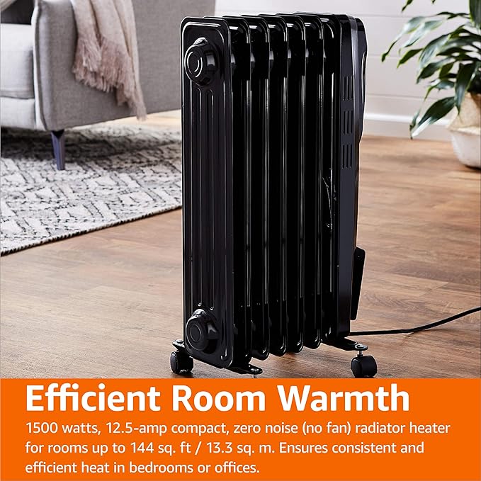 Amazon Basics Portable Oil Radiator Heater for Indoor Use, 3 Heat Settings, Over-Heat Protection, ETL-certified Safety, 7 Oil-Filled Steel Fins, 1500W, 11"D x 14.8"W x 25.2"H, Black