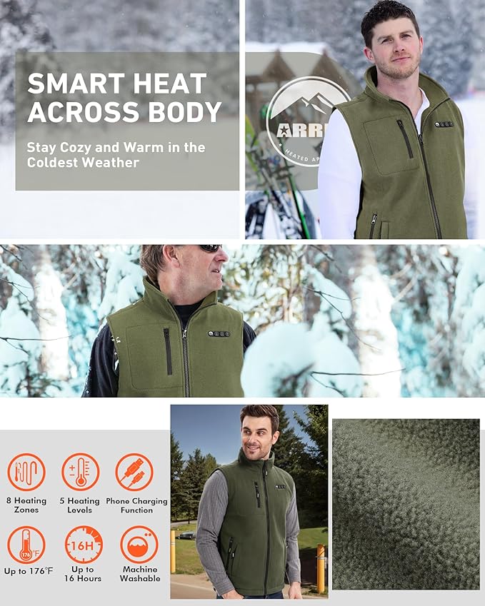 ARRIS Fleece Heated Vest for Men with Battery Pack Included, Size Adjustable 8 Heating Zones for Hunting