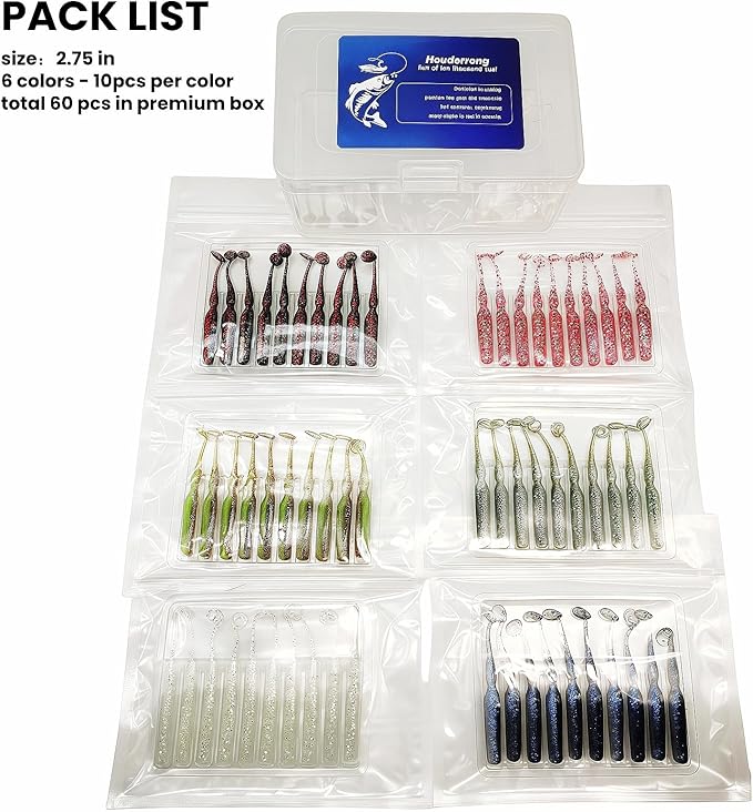 6-Color Paddle Tail Swimbaits 2.75" 1/10oz T-Tail Soft Plastic Lures - Dual-Tone Lifelike Design, High Elasticity, Durable for Bass,Crappie Fishing (60 Pack)