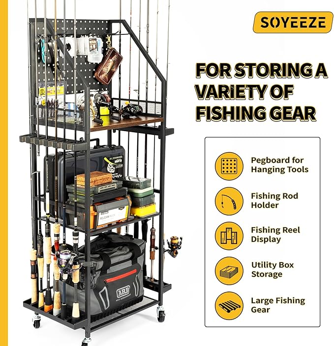 SOYEEZE Fishing Rod Holders for Garage,Fishing Gear Storage and Organization for Tackle Box and Fishing Reels,Fishing Pole Holders for Fishing Equipment with Pegboard and Wheels