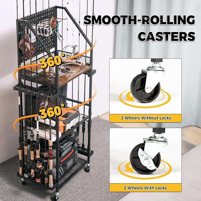 SOYEEZE Fishing Rod Holders for Garage, Fishing Pole holders, Fishing Gear Storage up to 12 Rods with Hooks and Wheels, Fishing Cart For Fishing Rod Tackle Box Reel Storage