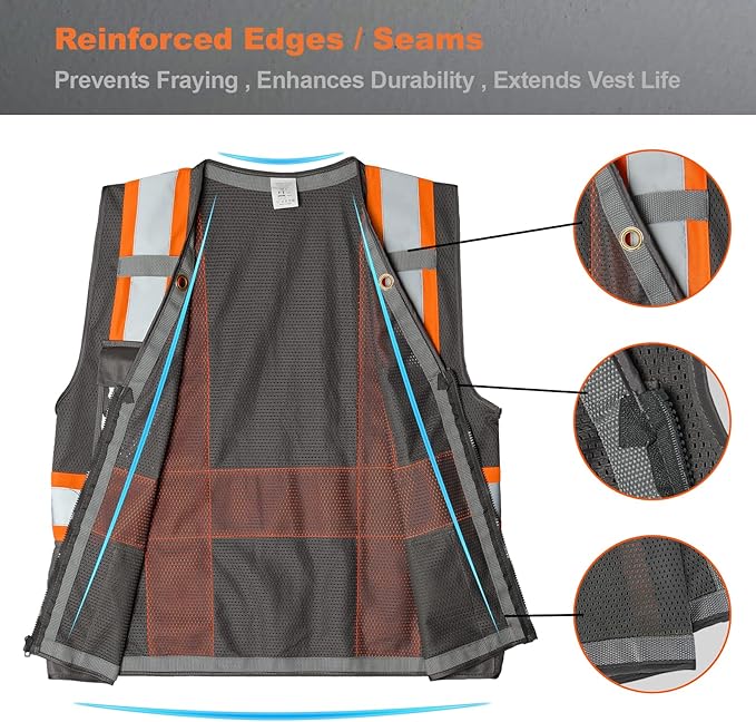9 Pockets Class 2 High Visibility Reflective Safety Vest for Men, Mesh Hi Vis Construction Work Vest