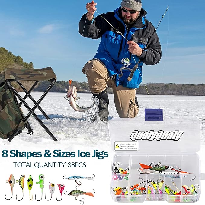 QualyQualy Ice Fishing Rod Reel Combo Complete Set Ice Fishing Gear with Backpack Seat Ice Cleats Ice Fishing Jigs Line Full Ice Fishing Kit 24" 26"