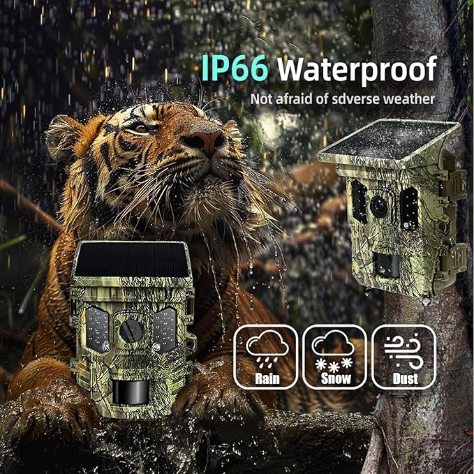Solar Trail Camera 32MP 30FPS 2.7K Video,WiFi Bluetooth Hunting Camera with Motion Activated 0.2s Trigger, Night Vision Motion 64GB Card,Bracket,4PCS Battery,IP66 Waterproof for Wildlife Scouting