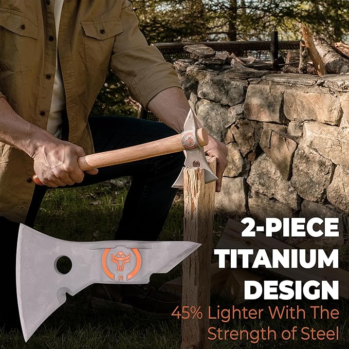 Titanium Camp Axe - 18" & 11.5" Wood Hickory Handles - Tomahawk Axe Spike End - 2-Piece Slip-Fit Design - Includes Blade Sheath and 2 Handles - Survival Axe